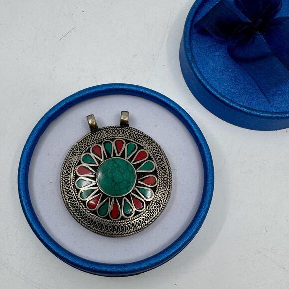 Antique Tibetan Large Handmade Turquoise and Sterling Silver Pendant - Picture 6 of 7